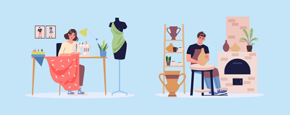 woman making a dress on the left and man making pots on the right